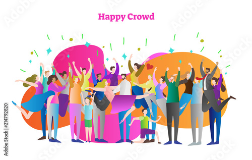 Happy crowd vector illustration. Man, woman and boys with raised hands celebrates victory or win. Happiness human with excited confetti party. Adult with suit and dress.