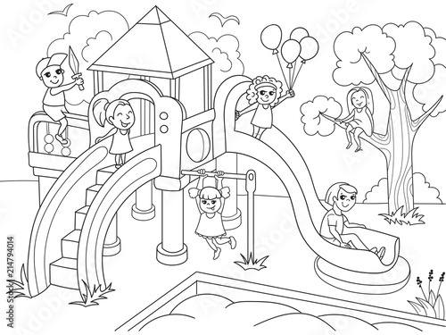 Childrens playground coloring. Raster illustration of black and white