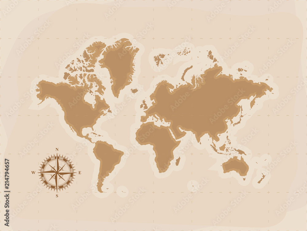 Brown Retro World Map with compass, Flat vector illustration EPS10
