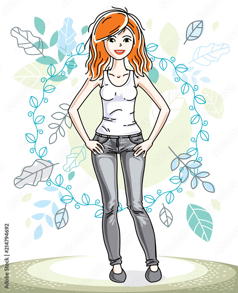 Happy pretty young redhead woman standing on background of spring ecology landscape with delicate blue leaves and wearing fashionable casual clothes. Vector character. Happy pretty young redhead woman standing on background of spring ecology landscape with delicate blue leaves and wearing fashionable casual clothes. Vector character.