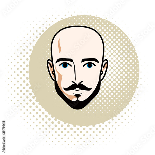Caucasian man face features expressing confidence, vector human head illustration. Attractive bearded bald male with whiskers.
