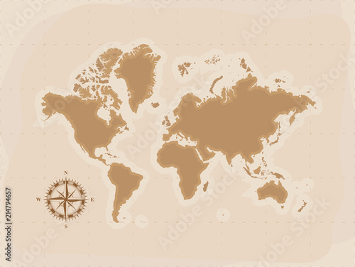 Brown Retro World Map with compass  Flat vector illustration EPS10