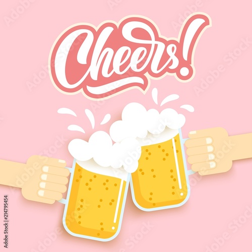 Cheers hand lettering, custom typography, brush calligraphy with aer cut art two hand with beer glass, on retro ink background. Vector drink illustration.