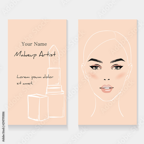 Vector business card template for makeup artist. Make up banner. Makeup artist. Beautiful woman face portrait with lipstick, fashion illustration. Makeup artist business card template concept.