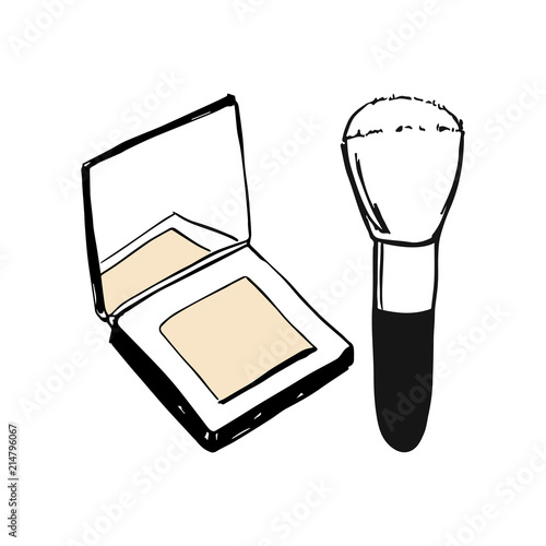 Vector make up products set. Face cosmetic compact and loose powder with brush applicator. Hand draw powder blush brush. Fashion, style, beauty. Graphic, sketch drawing.