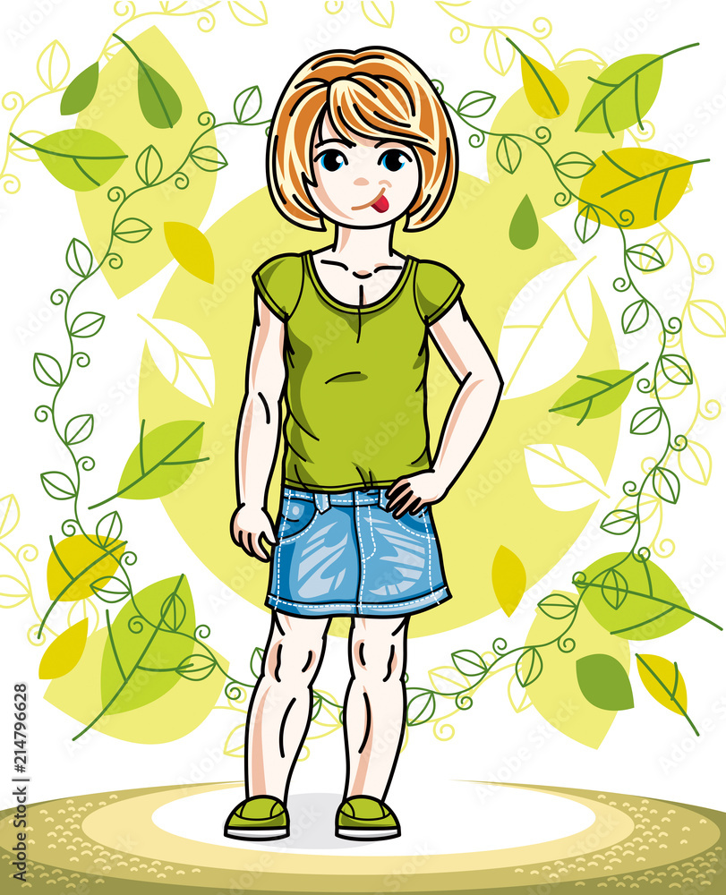 Sweet little redhead girl standing on background of spring landscape and wearing stylish casual clothes. Vector kid illustration. Sweet little redhead girl standing on background of spring landscape and wearing stylish casual clothes. Vector kid illustration.