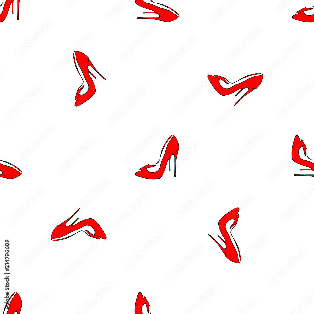 Fashion Seamless pattern background with hand drawn sketch of elegant women red shoes. Black silhouettes isolated on white. Vector illustration Fashion Seamless pattern background with hand drawn sketch of elegant women red shoes. Black silhouettes isolated on white. Vector illustration