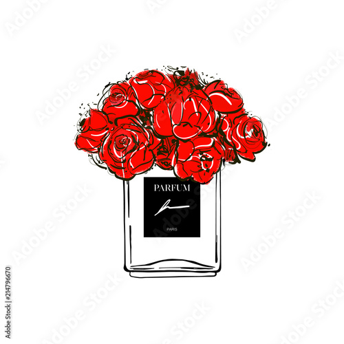 Hand drawn vector illustrations - french perfume. Outline design elements. Fashion sketch. Glass bottles floral with red flowers. Perfect for invitation, greeting card, poster, print etc. photo