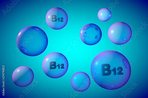Transparent blue vitamin B12 pills. Cyanocobalamin capsules. Vitamin and mineral complex. 3d illustration