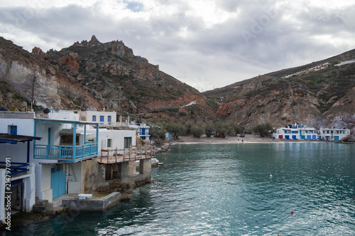 Bay of Firopotamos with Traditional Greek Fishermen Houses in Milos, Cyclades, Greece