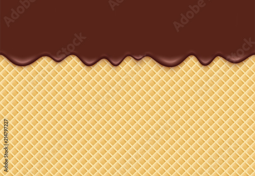 Dripping chocolate on waffle. Vector background