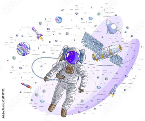 Astronaut went out into open space connected to space station, spaceman floating in weightlessness and iss spacecraft surrounded by rockets, stars and other elements. Vector illustration isolated.