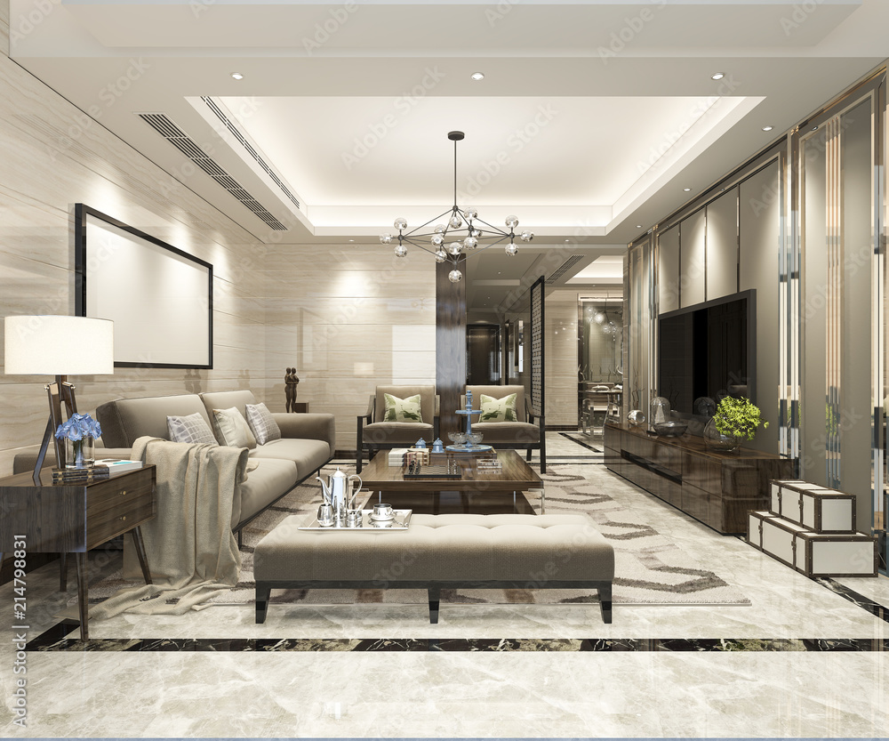 Fototapeta premium 3d rendering modern dining room and living room with luxury decor