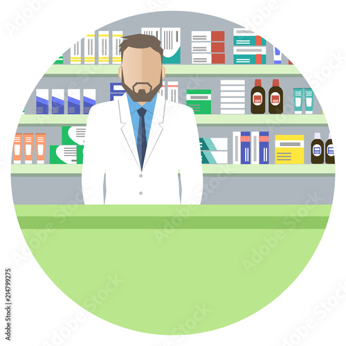 Web banner a pharmacist. People icon. Young man in a pharmacy: standing in front of shelves with medicines. Vector illustration