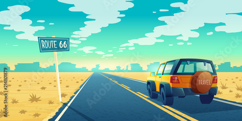 Vector cartoon landscape of barren desert with long highway. Car rides along asphalt road to canyon. Route 66, roadway with pointer, skyline with sandy wasteland. Travel concept background