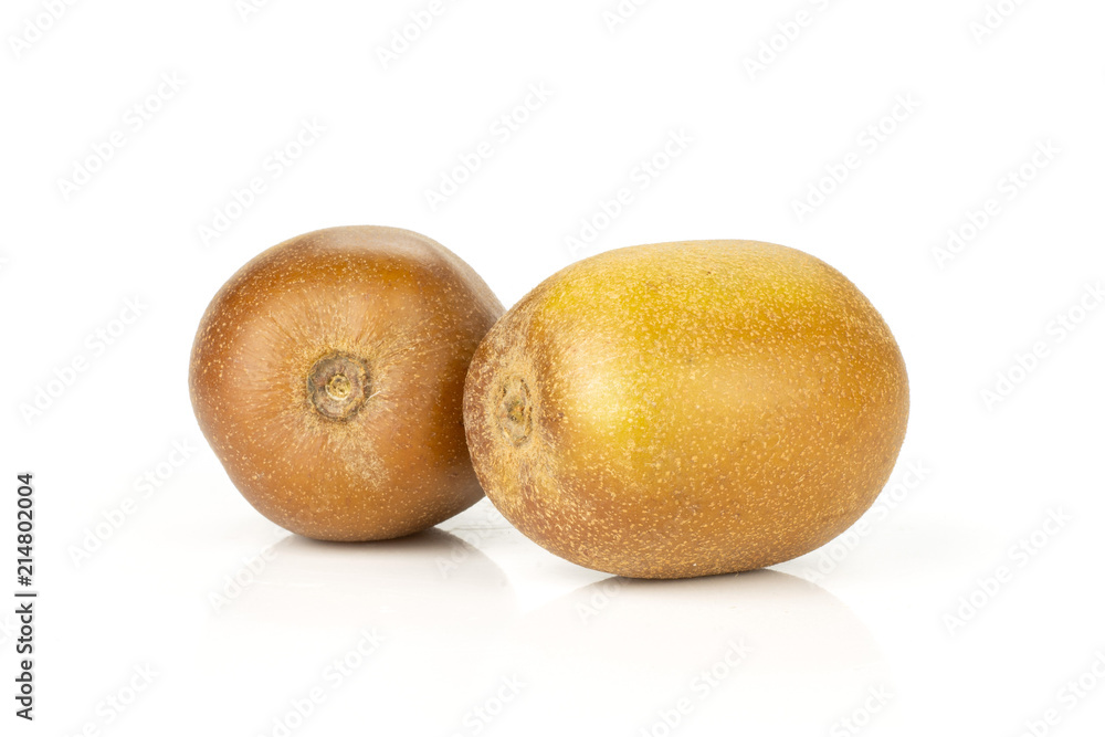 Group of two whole fresh golden brown kiwi fruit sungold variety isolated on white Group of two whole fresh golden brown kiwi fruit sungold variety isolated on white