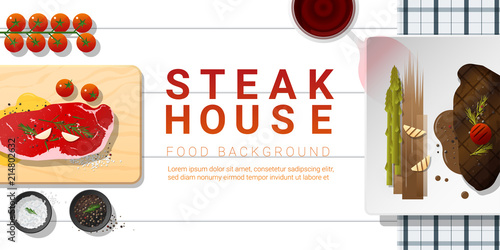 Raw fresh meat and grilled meat strip loin steak on white table , healthy food background , vector , illustration