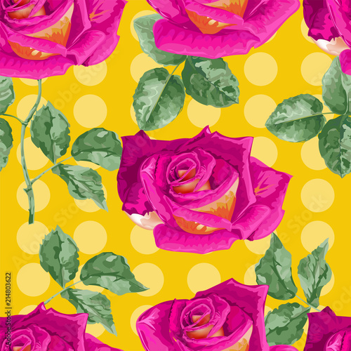 Roses seamless pattern and polka dot on yellow background
