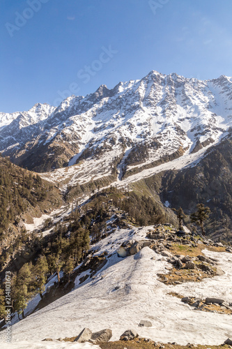 Beautiful view of mountains in snow at Triund hill top, Snow Line, Mcleod ganj, Dharamsala, India. photo