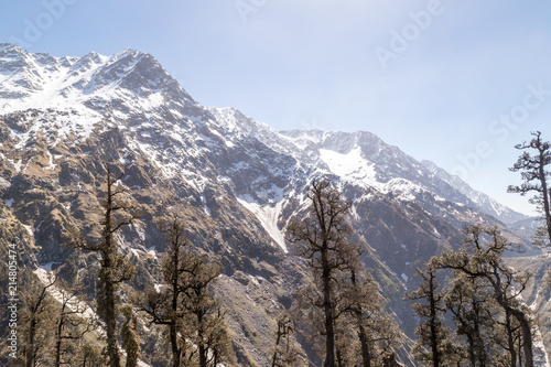 Beautiful view of mountains Snow Line, Mcleod ganj, Dharamsala, India. photo