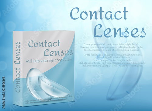Vector 3d realistic contact lenses for eyes in box. Packaging template for ad poster, banner. Mock up for package design, medicine object.