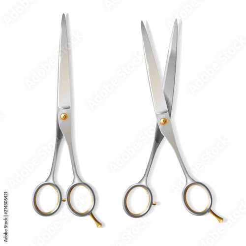Vector 3d realistic metallic scissors with copper screw for hairdresser. Shining steel of blades, sharp professional tool, domestic equipment for work, barbershop