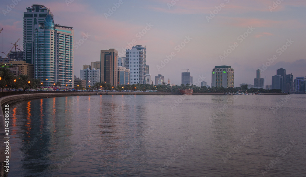 Sunset view of Sharjah lagoon. Sharjah UAE.