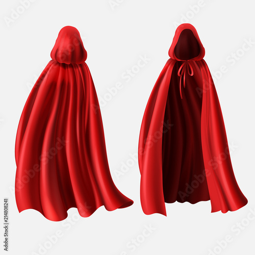 Vector realistic set of red cloaks with hoods isolated on white background. Carnival clothes, fancy dress, masquerade costume for superhero, vampire. Mockup with silk capes, front and back view