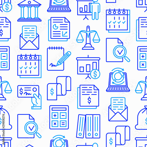Financial report seamless pattern with thin line icons: bank, financial analytics, calculate, signature, email, presentation, bank check, audit, calendar, income. Modern vector illustration.