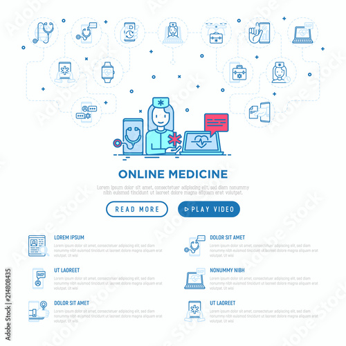 Online medicine concept: doctor consulting by video call. Thin line icons. Modern vector illustration, web page template.