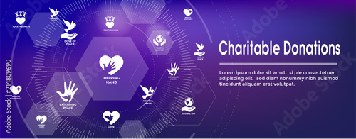 Charity and relief work - Charitable Giving Web banner with icon set