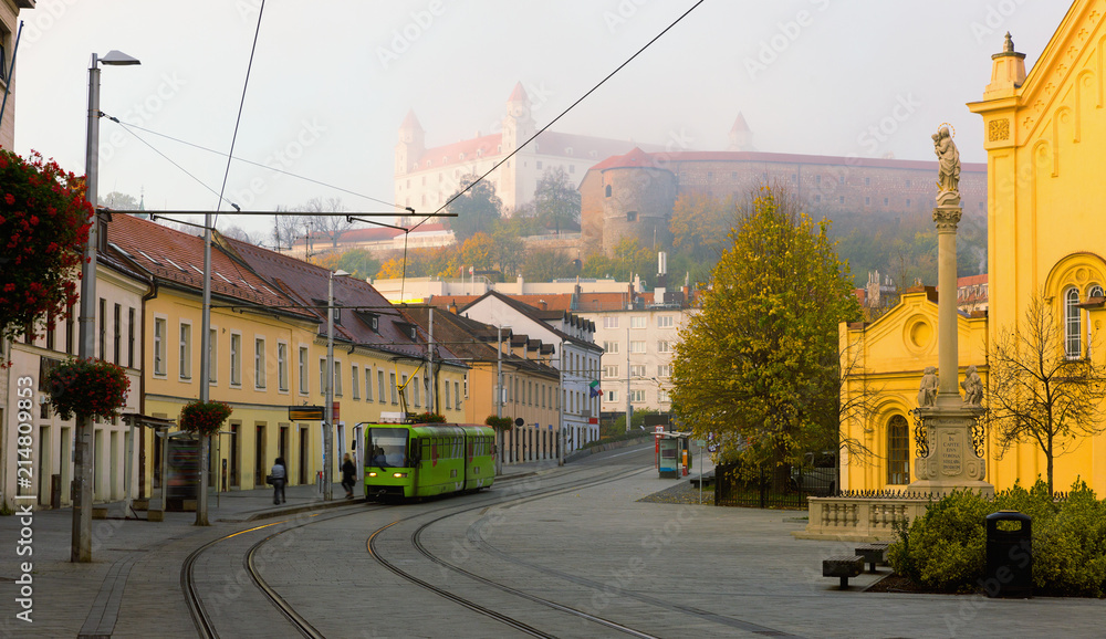 Early morning in center of Bratislava with tramline