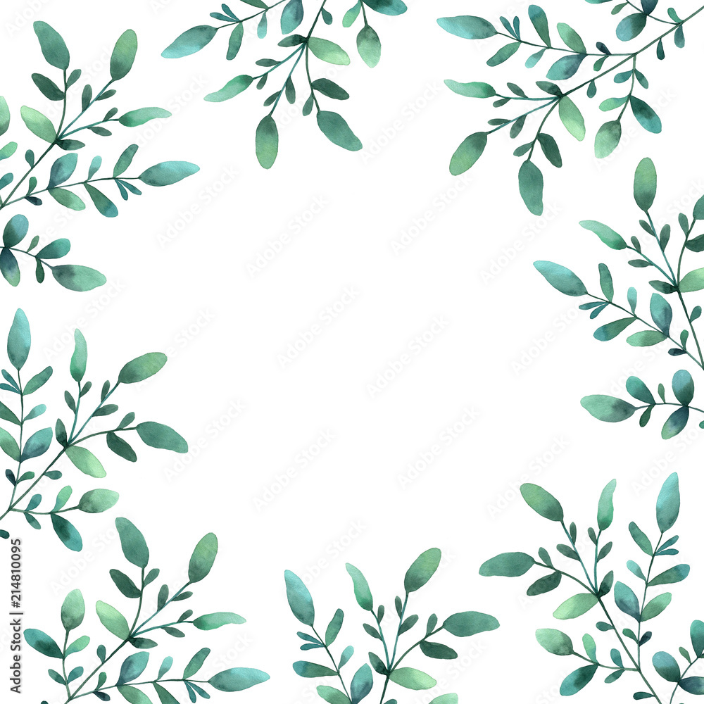 Template with green branches of leaves. Square floral frame. Hand drawn watercolor illustration. Botanical label. For invitations, greeting cards, natural cosmetics, packing and tea. Template with green branches of leaves. Square floral frame. Hand drawn watercolor illustration. Botanical label. For invitations, greeting cards, natural cosmetics, packing and tea.