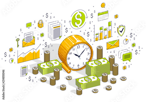 Time is Money concept, table Clock with cash money stacks and coin piles isolated on white background. Isometric 3d vector finance illustration with icons, stats charts and design elements.
