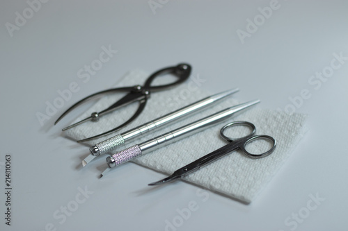 Microblading tools used for applying permanent eyebrow makeup