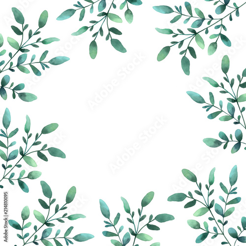 Template with green branches of leaves. Square floral frame. Hand drawn watercolor illustration. Botanical label. For invitations, greeting cards, natural cosmetics, packing and tea.