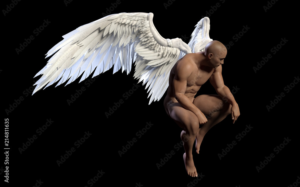 Naklejka premium 3d Illustration Angel Wings, upierzenie białe skrzydło na białym na czarnym tle ze ścieżką przycinającą.