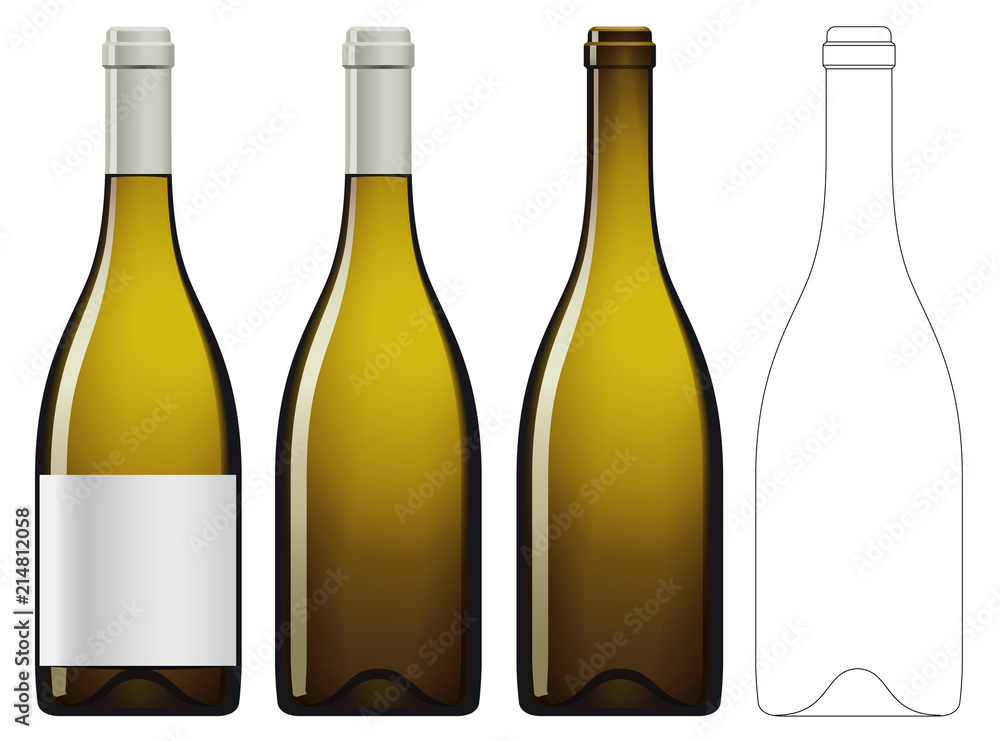 Realistic vector illustration of white wine bottle Isolated on white background. Front view of the wine bottle with label, bottle without label and linear technical drawimg of the wine bottle. Realistic vector illustration of white wine bottle Isolated on white background. Front view of the wine bottle with label, bottle without label and linear technical drawimg of the wine bottle.
