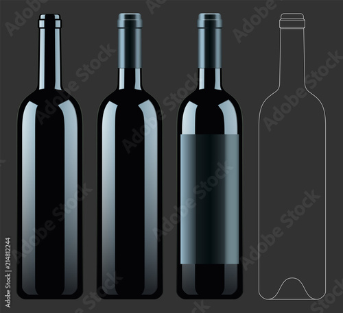 Realistic vector illustration of black wine bottle Isolated on dark background. Front view of the wine bottle with label, bottle without label and linear technical drawimg of the wine bottle.