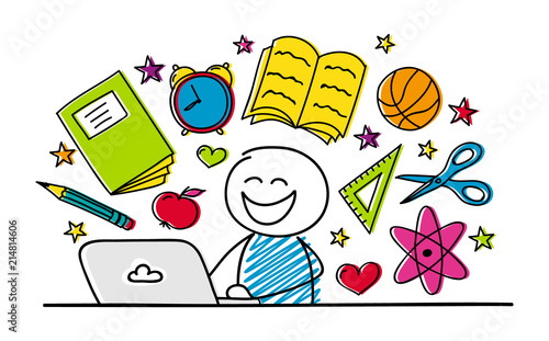 School concept with cartoon stickman working on laptop. Vector.