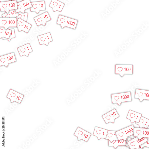 Social media icons. Social media marketing concept. Falling pink like counter. Scatter abstract corn
