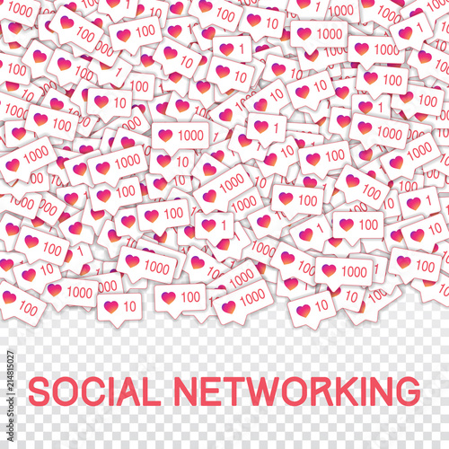 Social media icons. Social networking concept. Falling gradient like counter. Top gradient square el