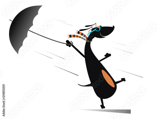 Windy day and a dog illustration. Dog holding an umbrella gone with the wind isolated on white illustration
