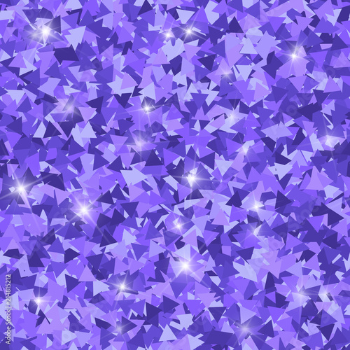 Glitter seamless texture. Adorable purple particles. Endless pattern made of sparkling triangles. Po