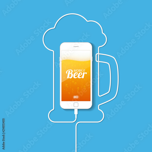 A smartphone with a wire forming a silhouette of a mug of beer. On the screen of the phone is a light beer with bubbles and foam. Mobile beer. Vector illustration.