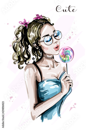 Hand drawn beautiful young woman with candy. Fashion woman with ponytails. Stylish girl. Sketch.