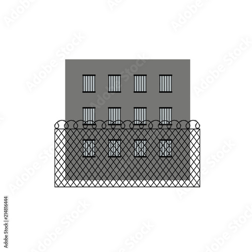 Vector illustration of prison jail building. Barbed wire fence