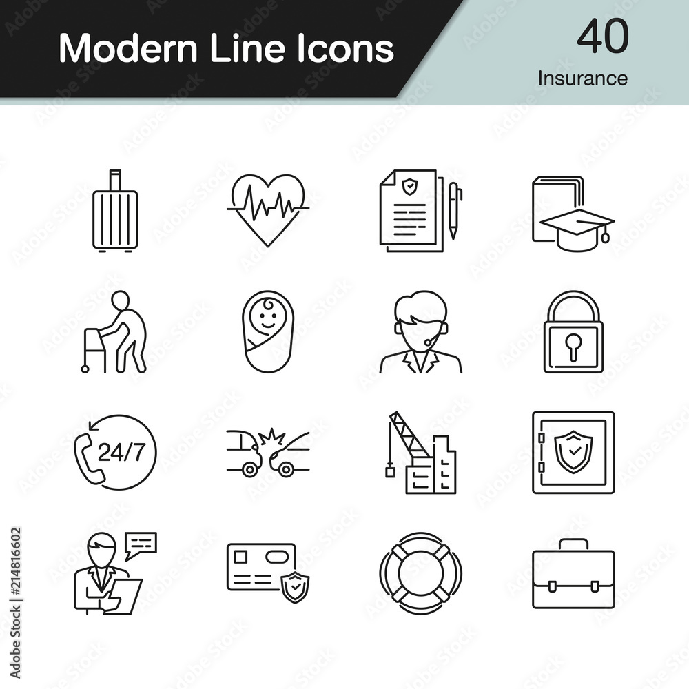 Fototapeta premium Insurance icons. Modern line design set 40. For presentation, graphic design, mobile application, web design, infographics.