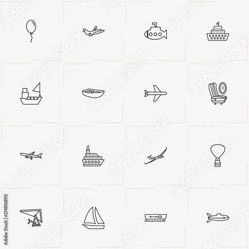Air And Water Transport line icon set with airplane porthole with seats, ship and airplane