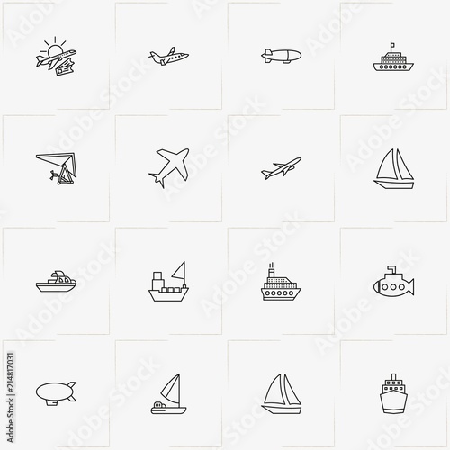 Air And Water Transport line icon set with airplane, hang glider and airship